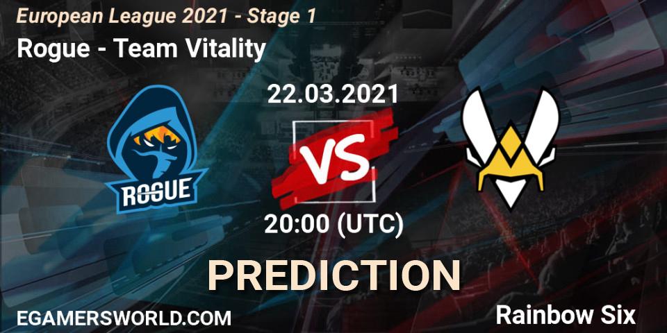 Rogue vs Team Vitality: Betting TIp, Match Prediction. 22.03.2021 at 20:45. Rainbow Six, European League 2021 - Stage 1
