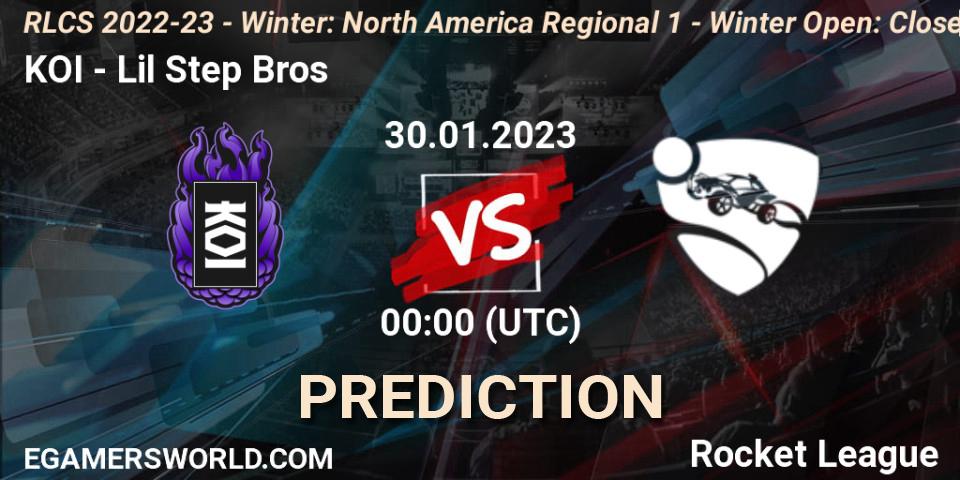 KOI vs Lil Step Bros: Betting TIp, Match Prediction. 30.01.2023 at 00:00. Rocket League, RLCS 2022-23 - Winter: North America Regional 1 - Winter Open: Closed Qualifier