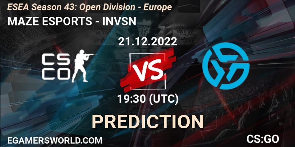 MAZE ESPORTS vs INVSN: Betting TIp, Match Prediction. 21.12.2022 at 18:30. Counter-Strike (CS2), ESEA Season 43: Open Division - Europe