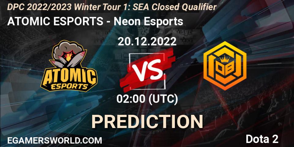 ATOMIC ESPORTS vs Neon Esports: Betting TIp, Match Prediction. 20.12.2022 at 02:00. Dota 2, DPC 2022/2023 Winter Tour 1: SEA Closed Qualifier