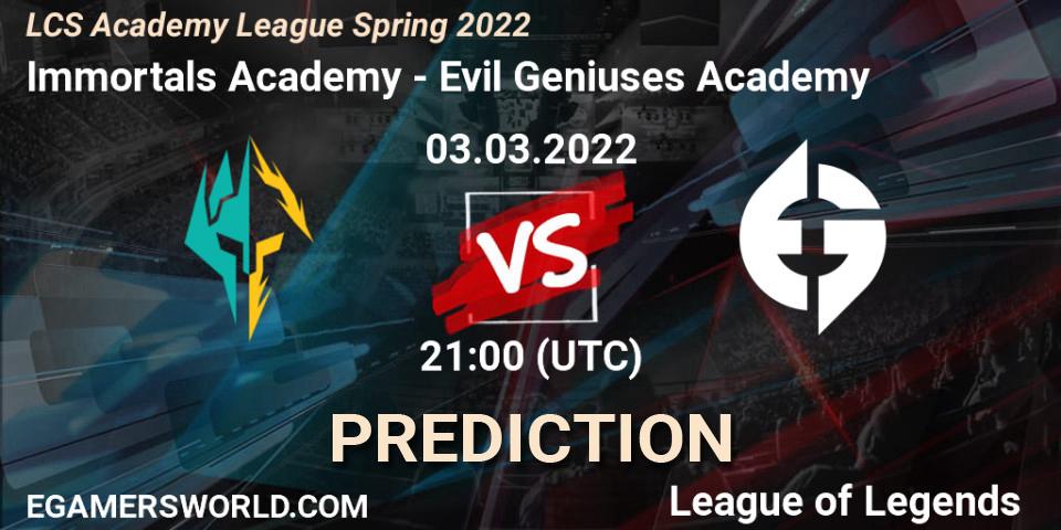Immortals Academy vs Evil Geniuses Academy: Betting TIp, Match Prediction. 03.03.2022 at 21:00. LoL, LCS Academy League Spring 2022