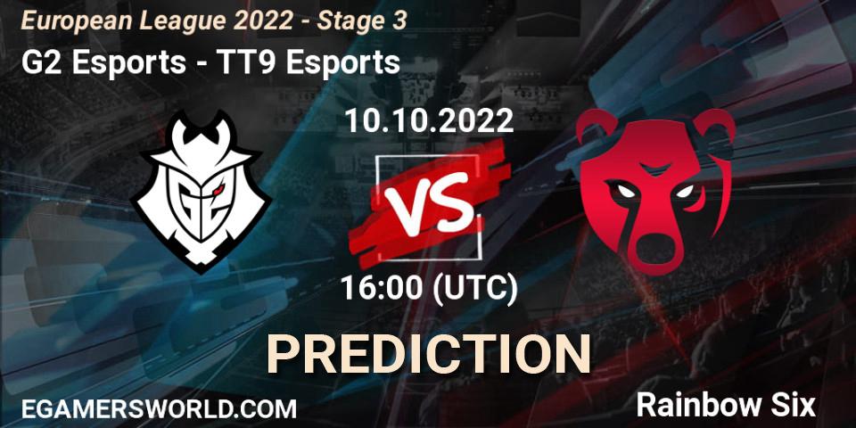 G2 Esports vs TT9 Esports: Betting TIp, Match Prediction. 10.10.2022 at 19:45. Rainbow Six, European League 2022 - Stage 3