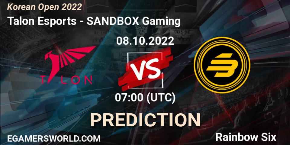 Talon Esports vs SANDBOX Gaming: Betting TIp, Match Prediction. 08.10.2022 at 07:00. Rainbow Six, Korean Open 2022