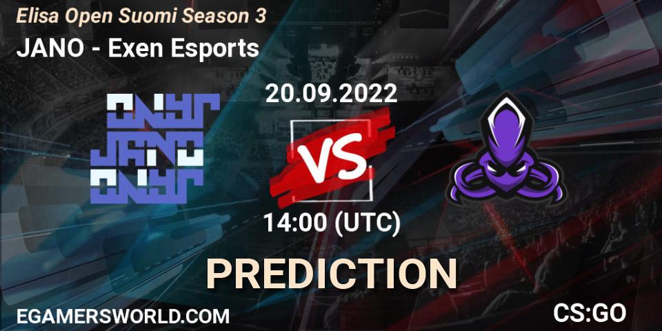 JANO vs Exen Esports: Betting TIp, Match Prediction. 20.09.2022 at 14:00. Counter-Strike (CS2), Elisa Open Suomi Season 3