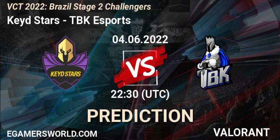 Keyd Stars vs TBK Esports: Betting TIp, Match Prediction. 04.06.2022 at 23:45. VALORANT, VCT 2022: Brazil Stage 2 Challengers