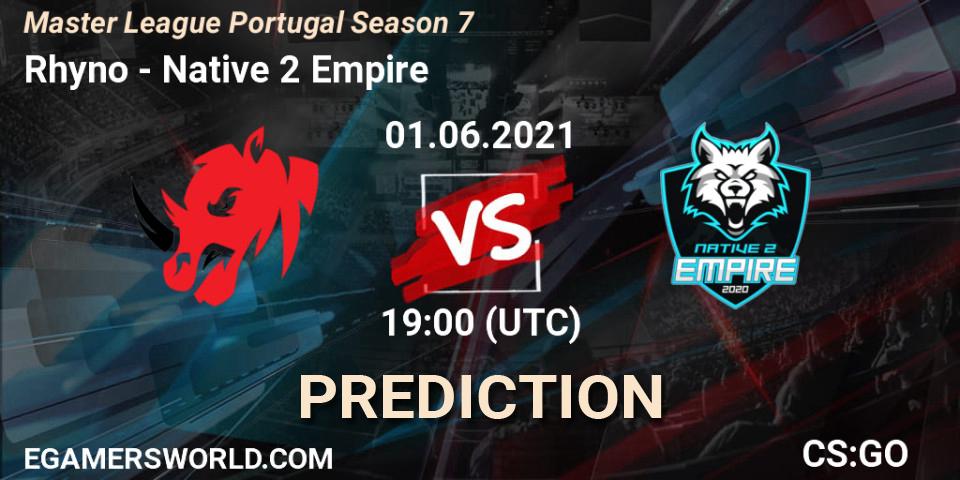 Rhyno vs Native 2 Empire: Betting TIp, Match Prediction. 01.06.2021 at 19:20. Counter-Strike (CS2), Master League Portugal Season 7