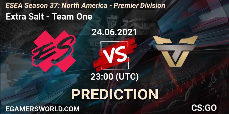 Extra Salt vs Team One: Betting TIp, Match Prediction. 24.06.2021 at 23:00. Counter-Strike (CS2), ESEA Season 37: North America - Premier Division
