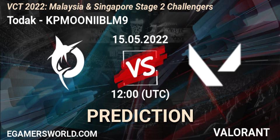 Todak vs KPMOONIIBLM9: Betting TIp, Match Prediction. 15.05.2022 at 09:10. VALORANT, VCT 2022: Malaysia & Singapore Stage 2 Challengers