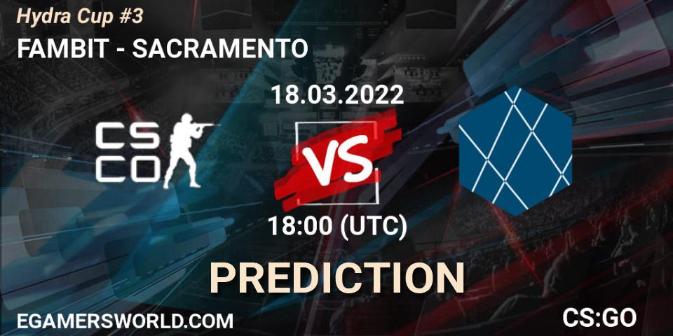FAMBIT vs SACRAMENTO: Betting TIp, Match Prediction. 20.03.2022 at 11:15. Counter-Strike (CS2), Hydra Cup #3