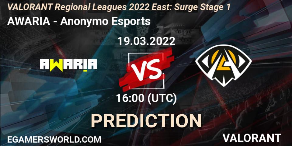 AWARIA vs Anonymo Esports: Betting TIp, Match Prediction. 19.03.2022 at 16:00. VALORANT, VALORANT Regional Leagues 2022 East: Surge Stage 1