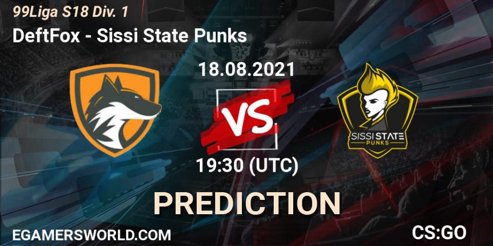 DeftFox vs Sissi State Punks: Betting TIp, Match Prediction. 12.10.2021 at 17:00. Counter-Strike (CS2), 99Liga S18 Div. 1