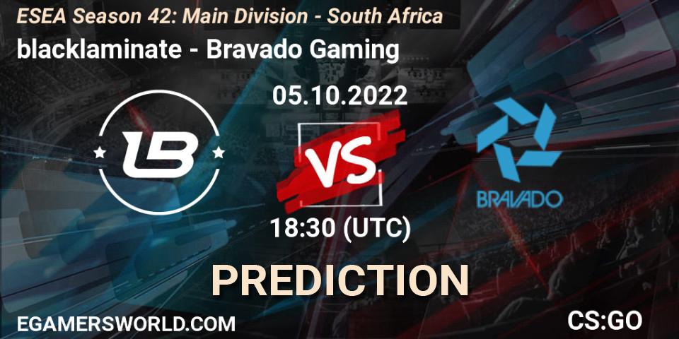 blacklaminate vs Bravado Gaming: Betting TIp, Match Prediction. 05.10.2022 at 18:50. Counter-Strike (CS2), ESEA Season 42: Main Division - South Africa