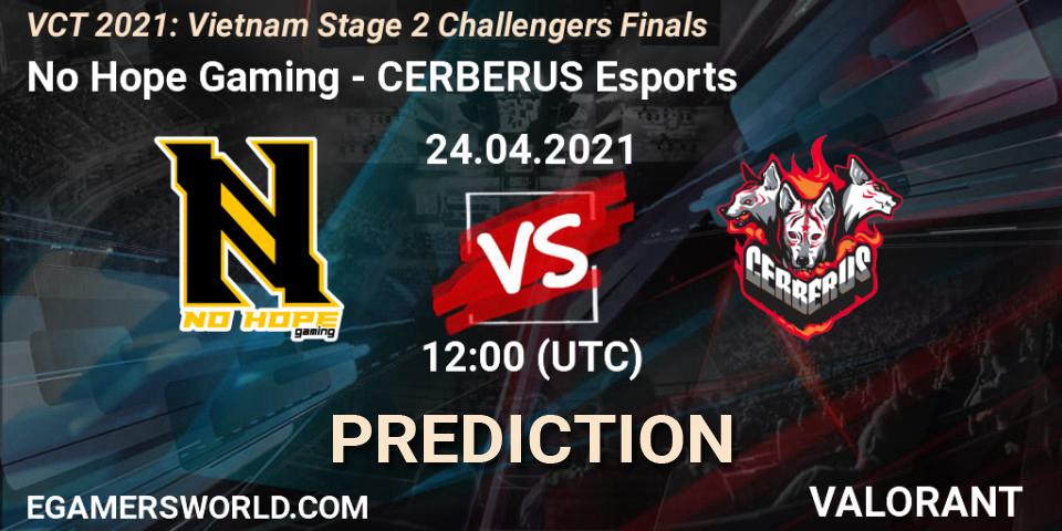 No Hope Gaming vs CERBERUS Esports: Betting TIp, Match Prediction. 24.04.2021 at 14:30. VALORANT, VCT 2021: Vietnam Stage 2 Challengers Finals