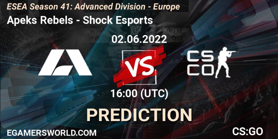 Apeks Rebels vs Shock Esports: Betting TIp, Match Prediction. 02.06.2022 at 16:00. Counter-Strike (CS2), ESEA Season 41: Advanced Division - Europe