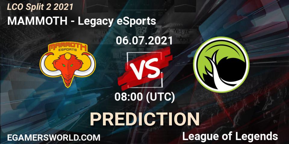MAMMOTH vs Legacy eSports: Betting TIp, Match Prediction. 06.07.2021 at 08:00. LoL, LCO Split 2 2021