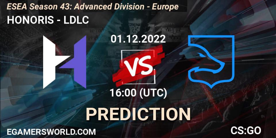 HONORIS vs LDLC: Betting TIp, Match Prediction. 01.12.2022 at 16:00. Counter-Strike (CS2), ESEA Season 43: Advanced Division - Europe