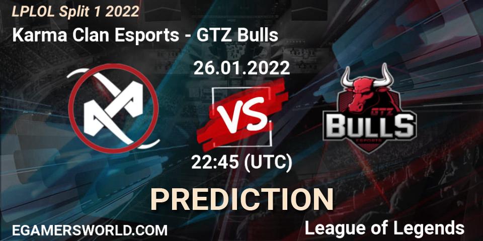 Karma Clan Esports vs GTZ Bulls: Betting TIp, Match Prediction. 26.01.2022 at 23:00. LoL, LPLOL Split 1 2022