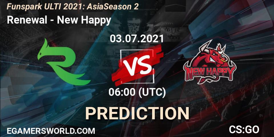 Renewal vs New Happy: Betting TIp, Match Prediction. 03.07.2021 at 06:00. Counter-Strike (CS2), Funspark ULTI 2021: Asia Season 2
