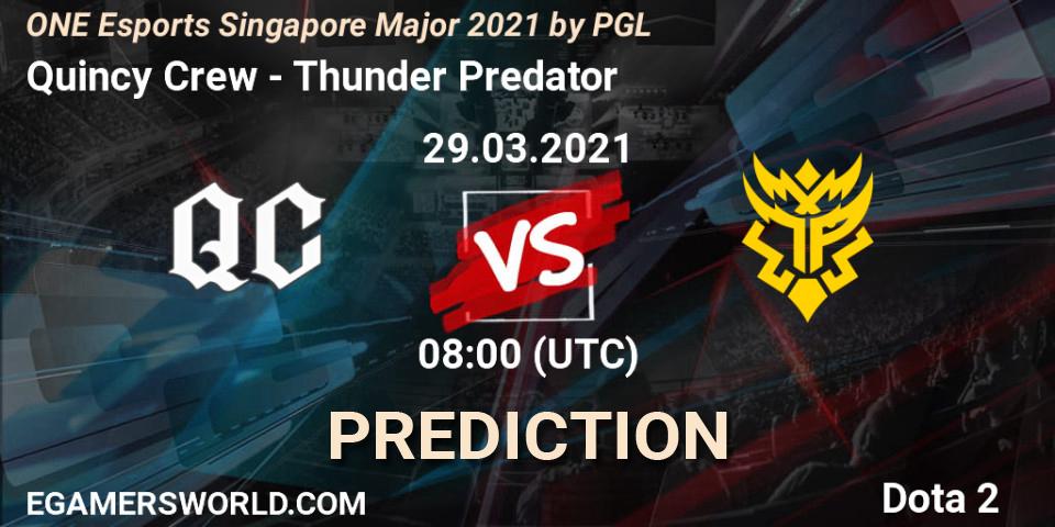Quincy Crew vs Thunder Predator: Betting TIp, Match Prediction. 29.03.2021 at 09:28. Dota 2, ONE Esports Singapore Major 2021