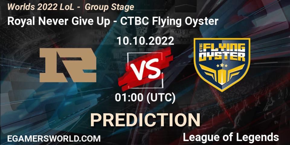 Royal Never Give Up vs CTBC Flying Oyster: Betting TIp, Match Prediction. 10.10.2022 at 01:00. LoL, Worlds 2022 LoL - Group Stage