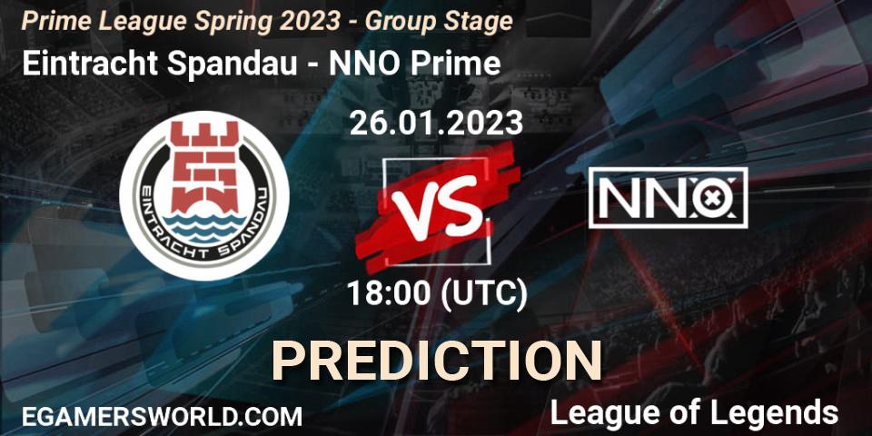 Eintracht Spandau vs NNO Prime: Betting TIp, Match Prediction. 26.01.2023 at 19:00. LoL, Prime League Spring 2023 - Group Stage