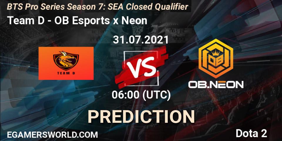 Team D vs OB Esports x Neon: Betting TIp, Match Prediction. 31.07.2021 at 08:12. Dota 2, BTS Pro Series Season 7: SEA Closed Qualifier