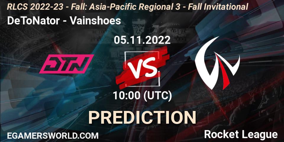 DeToNator vs Vainshoes: Betting TIp, Match Prediction. 05.11.2022 at 10:00. Rocket League, RLCS 2022-23 - Fall: Asia-Pacific Regional 3 - Fall Invitational