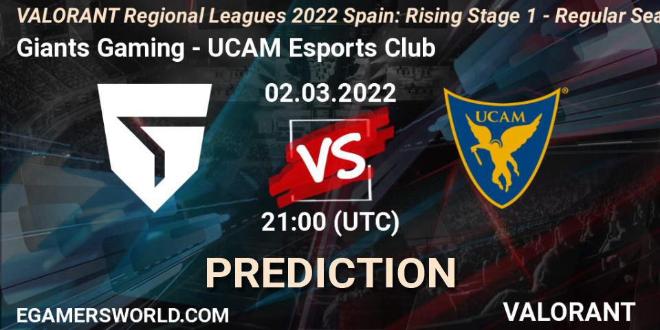 Giants Gaming vs UCAM Esports Club: Betting TIp, Match Prediction. 02.03.2022 at 21:10. VALORANT, VALORANT Regional Leagues 2022 Spain: Rising Stage 1 - Regular Season