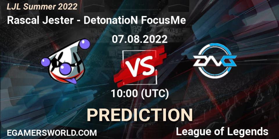 Rascal Jester vs DetonatioN FocusMe: Betting TIp, Match Prediction. 07.08.22. LoL, LJL Summer 2022