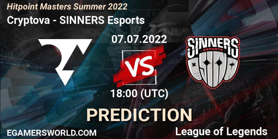 Cryptova vs SINNERS Esports: Betting TIp, Match Prediction. 07.07.2022 at 18:10. LoL, Hitpoint Masters Summer 2022