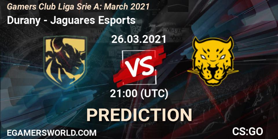 Durany vs Jaguares Esports: Betting TIp, Match Prediction. 26.03.2021 at 21:00. Counter-Strike (CS2), Gamers Club Liga Série A: March 2021