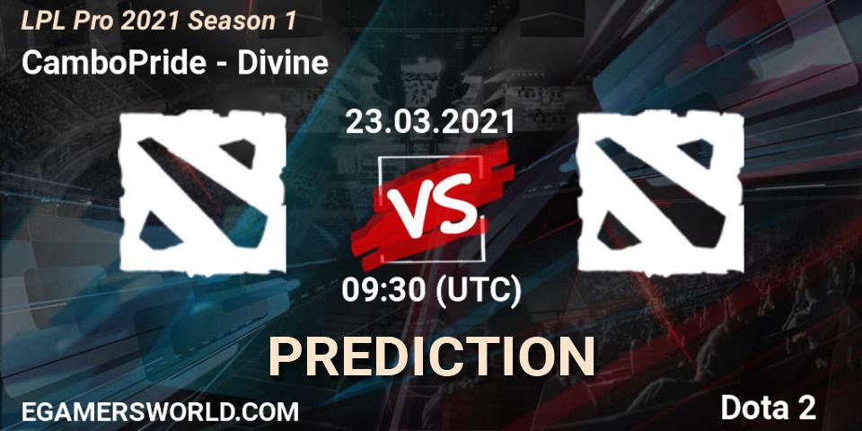 CamboPride vs Divine: Betting TIp, Match Prediction. 23.03.2021 at 09:31. Dota 2, LPL Pro 2021 Season 1