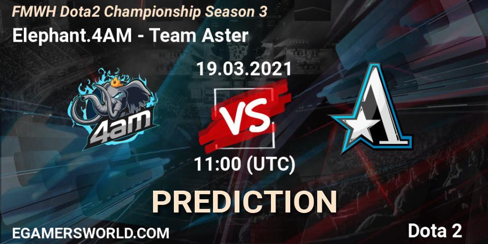 Elephant.4AM vs Team Aster: Betting TIp, Match Prediction. 19.03.2021 at 11:36. Dota 2, FMWH Dota2 Championship Season 3