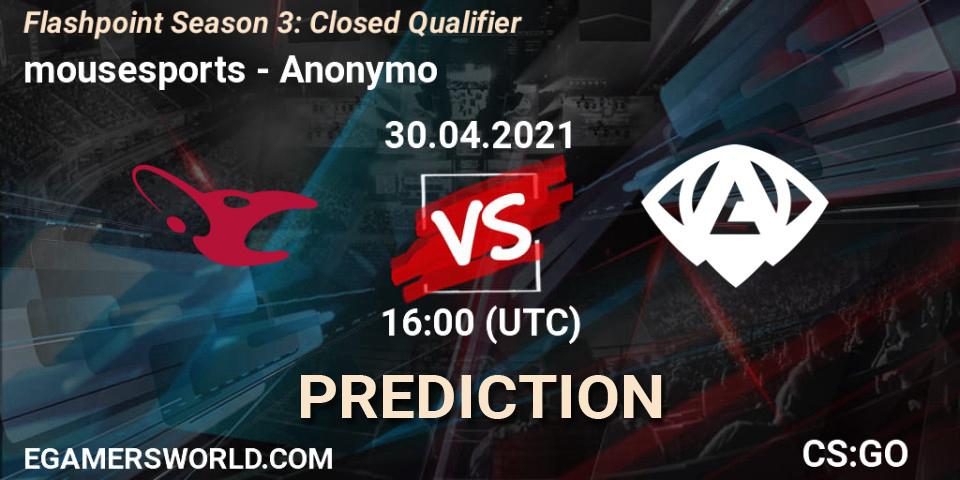 mousesports vs Anonymo: Betting TIp, Match Prediction. 30.04.2021 at 13:00. Counter-Strike (CS2), Flashpoint Season 3: Closed Qualifier