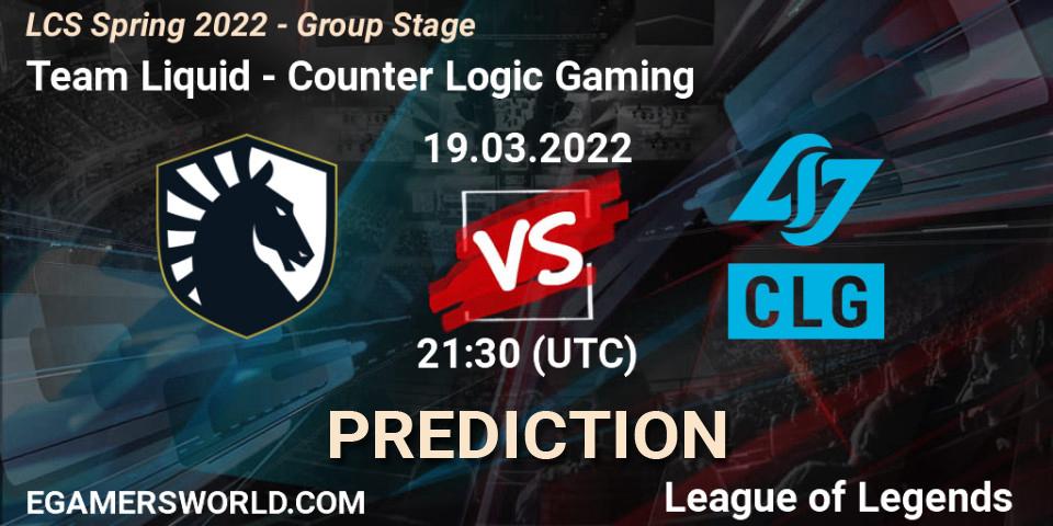 Team Liquid vs Counter Logic Gaming: Betting TIp, Match Prediction. 19.03.2022 at 22:30. LoL, LCS Spring 2022 - Group Stage