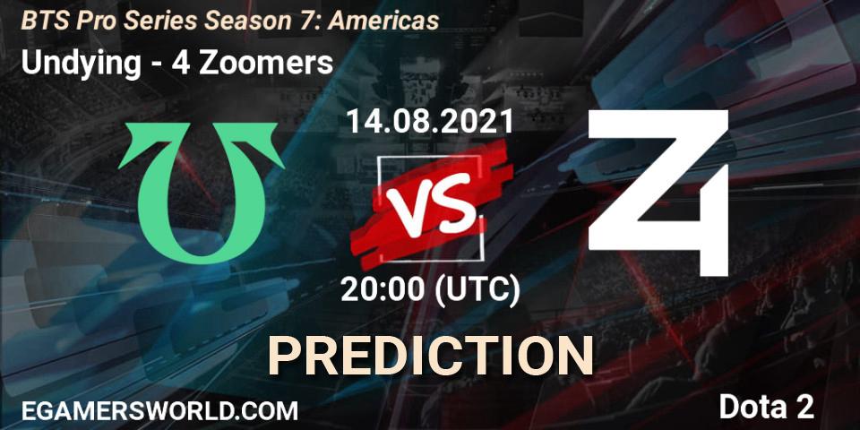 Undying vs 4 Zoomers: Betting TIp, Match Prediction. 14.08.2021 at 20:01. Dota 2, BTS Pro Series Season 7: Americas