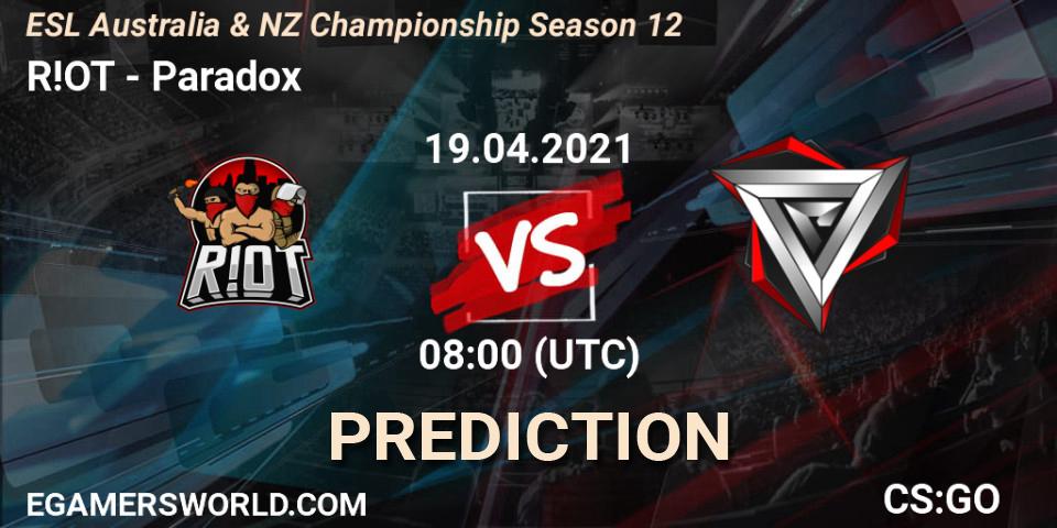 R!OT vs Paradox: Betting TIp, Match Prediction. 19.04.21. CS2 (CS:GO), ESL Australia & NZ Championship Season 12