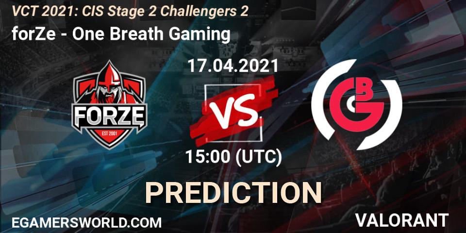 forZe vs One Breath Gaming: Betting TIp, Match Prediction. 17.04.2021 at 15:00. VALORANT, VCT 2021: CIS Stage 2 Challengers 2