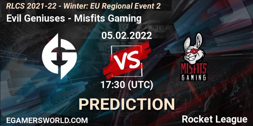 Evil Geniuses vs Misfits Gaming: Betting TIp, Match Prediction. 05.02.2022 at 17:40. Rocket League, RLCS 2021-22 - Winter: EU Regional Event 2