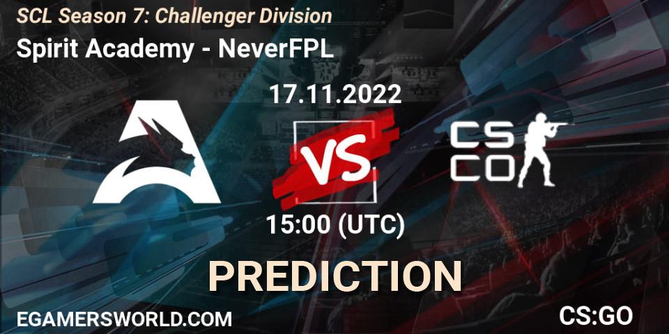 Spirit Academy vs NeverFPL: Betting TIp, Match Prediction. 17.11.2022 at 12:00. Counter-Strike (CS2), SCL Season 7: Challenger Division