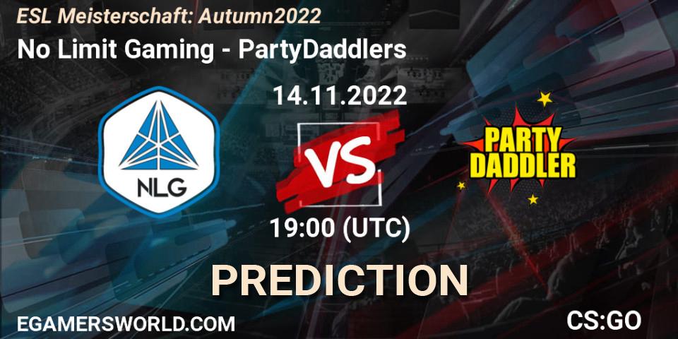 No Limit Gaming vs PartyDaddlers: Betting TIp, Match Prediction. 17.11.2022 at 19:00. Counter-Strike (CS2), ESL Meisterschaft: Autumn 2022
