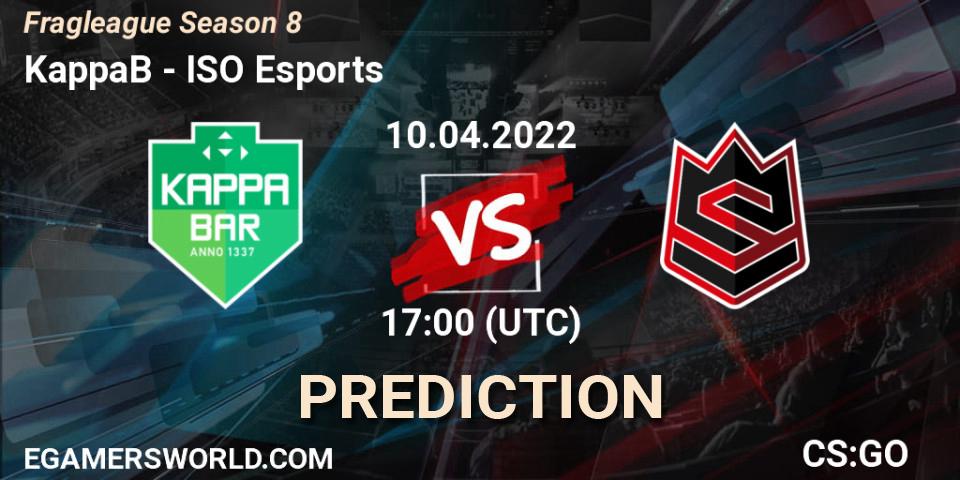 KappaB vs ISO Esports: Betting TIp, Match Prediction. 10.04.2022 at 17:00. Counter-Strike (CS2), Fragleague Season 8