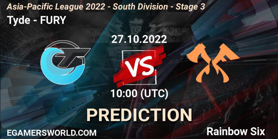 Tyde vs FURY: Betting TIp, Match Prediction. 27.10.2022 at 10:00. Rainbow Six, Asia-Pacific League 2022 - South Division - Stage 3