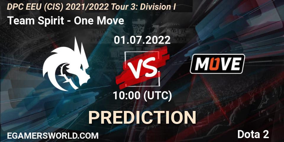 Team Spirit vs One Move: Betting TIp, Match Prediction. 01.07.2022 at 10:00. Dota 2, DPC EEU (CIS) 2021/2022 Tour 3: Division I