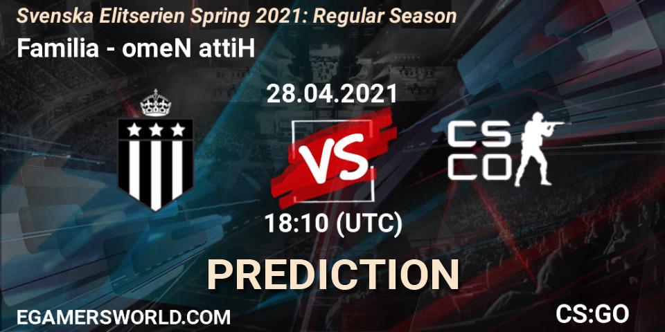 Familia vs omeN attiH: Betting TIp, Match Prediction. 28.04.2021 at 18:10. Counter-Strike (CS2), Svenska Elitserien Spring 2021: Regular Season