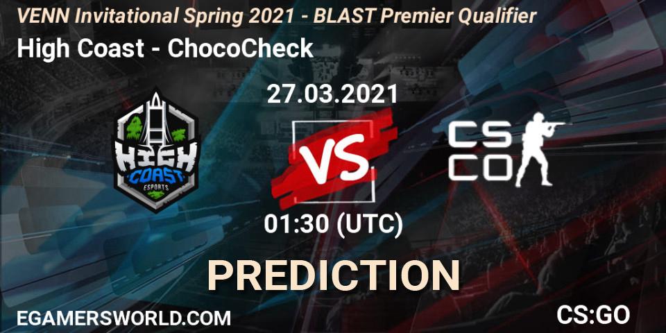 High Coast vs ChocoCheck: Betting TIp, Match Prediction. 27.03.2021 at 01:30. Counter-Strike (CS2), VENN Invitational Spring 2021 - BLAST Premier Qualifier