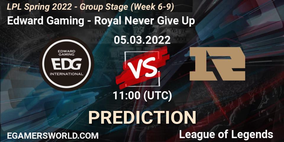 Edward Gaming vs Royal Never Give Up: Betting TIp, Match Prediction. 05.03.2022 at 12:00. LoL, LPL Spring 2022 - Group Stage (Week 6-9)