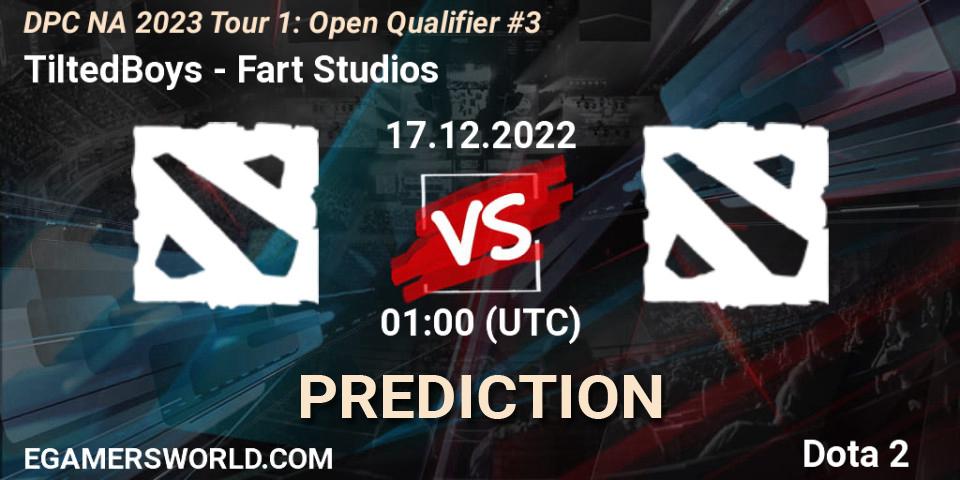 TiltedBoys vs Fart Studios: Betting TIp, Match Prediction. 17.12.2022 at 01:00. Dota 2, DPC NA 2023 Tour 1: Open Qualifier #3