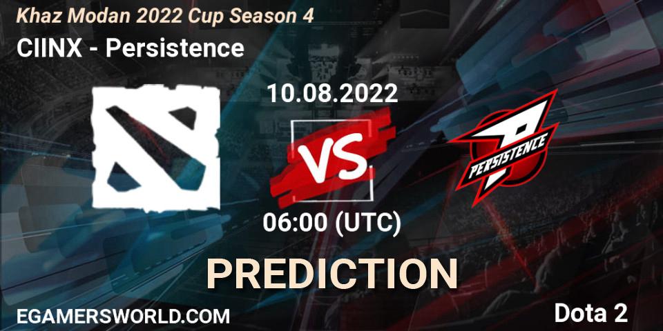 CIINX vs Persistence: Betting TIp, Match Prediction. 10.08.2022 at 06:25. Dota 2, Khaz Modan 2022 Cup Season 4