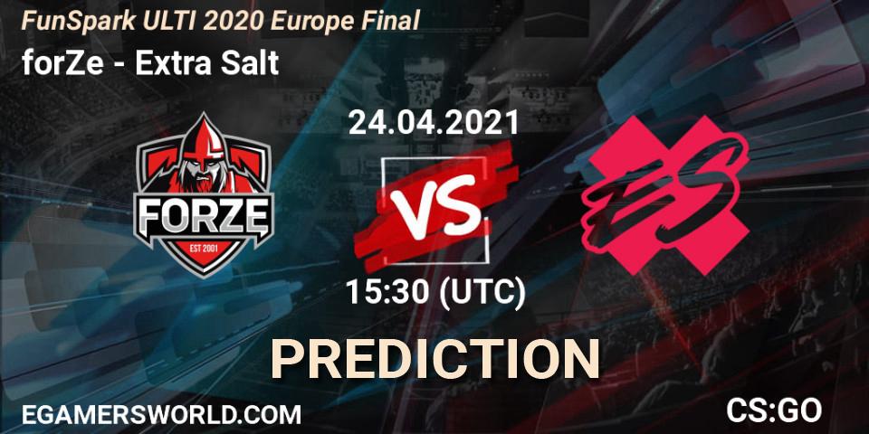 forZe vs Extra Salt: Betting TIp, Match Prediction. 24.04.2021 at 15:30. Counter-Strike (CS2), Funspark ULTI 2020 Finals